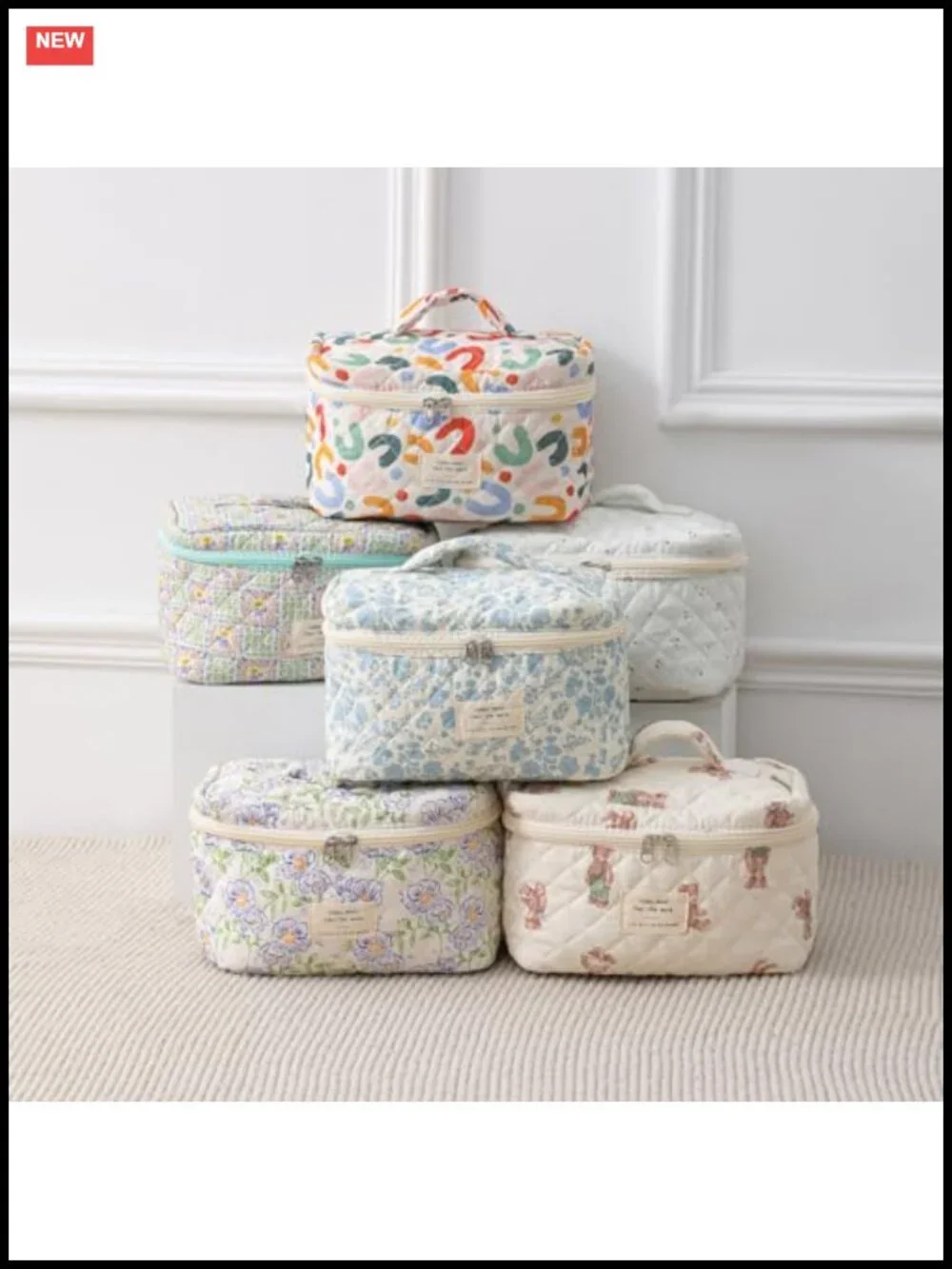 Large Quilted Cotton Travel Makeup Bag Floral Cosmetic Organizer Toiletry